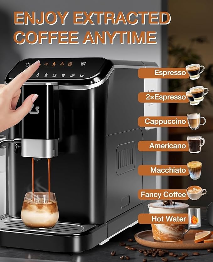 Fully Automatic Espresso Machine with Self-Cleaning Function, Brewing System and Automatic Milk Frothing System, 6 One-Touch Programs, 1.5L Detachable Water Tank for Home/Office Use, Black