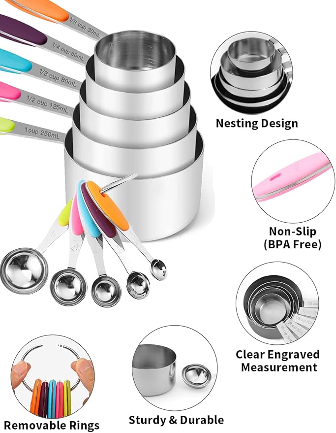 Joyhill Stainless Steel Measuring Cups and Spoons Set of 10 Piece, Nesting Metal Measuring Cups Set with Soft Touch Silicone Handles for Dry and Liquid Ingredients, Cooking & Baking (Colorful)