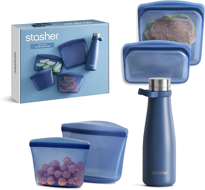 Stasher On-The-Go Boxed Starter Kit 5-Pack, Premium Silicone Reuseable Food Storage Bags, Deep Ocean, Water Bottle, Multi-Use Travel Containers, BPA Free, Leak-free, Dishwasher Safe, Eco-Friendly
