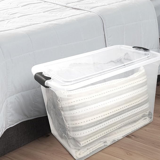 HOMZ 2-Pack Latching Lid, Large Clear Plastic Storage Bins w/Lids, 112 Quart, Gray Latch - Stackable Container Boxes for Home, Bathroom, and Office Organization