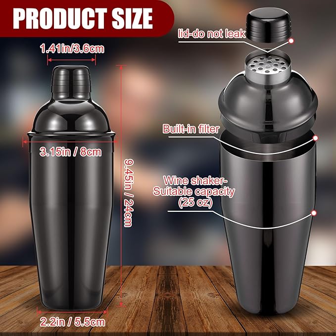 Nitial 6 Pcs Bar Cocktail Shaker Professional Stainless Steel Martini Drink Mixer Built-in Strainer for Bartending No Leaks Shaker for Bar Party Drink Mixer (Black,25 oz)