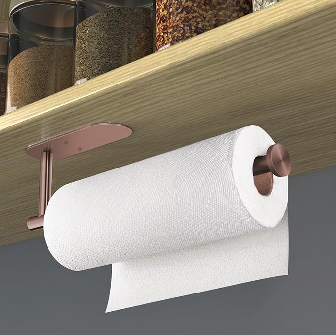 VAEHOLD Adhesive Paper Towel Holder Under Cabinet Wall Mount for Kitchen Paper Towel, Black Paper Towel Roll Holder Stick to Wall, Stainless Steel (Rose Gold)
