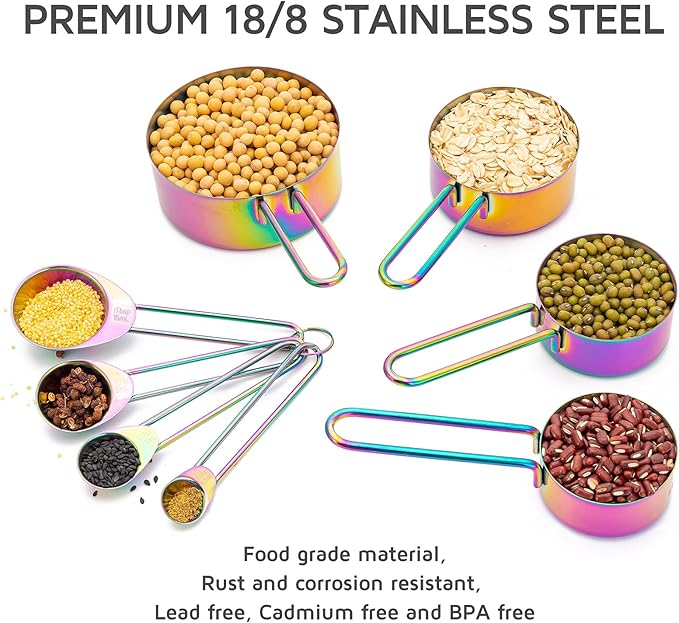 WELLSTAR Measuring Cups and Spoons Set of 8, Food Grade 18/8 Stainless Steel Measure set for Dry Liquid Measurement, Rainbow Titanium Coated Kitchen Gadgets for Cooking Baking, 4 Cup and 4 Spoon