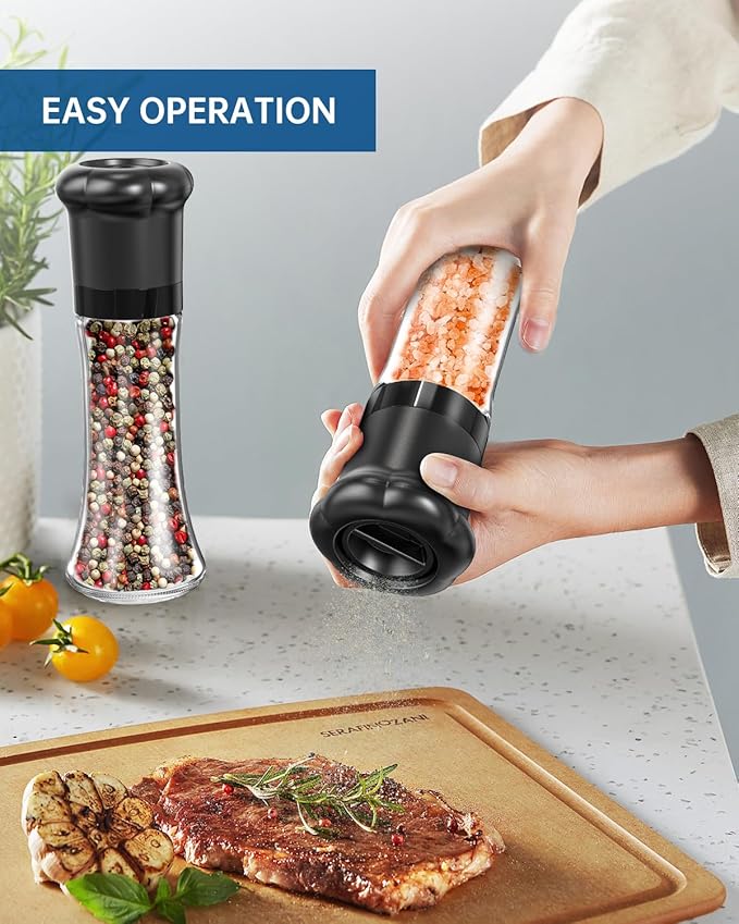 CIRCLE JOY Manual Pepper Grinder, Spice Mill for Professional Chef, Refillable Pepper Shakers with Ceramic Blades, Adjustable Coarseness and BPA-free 180ml Glass Container, Tall Black