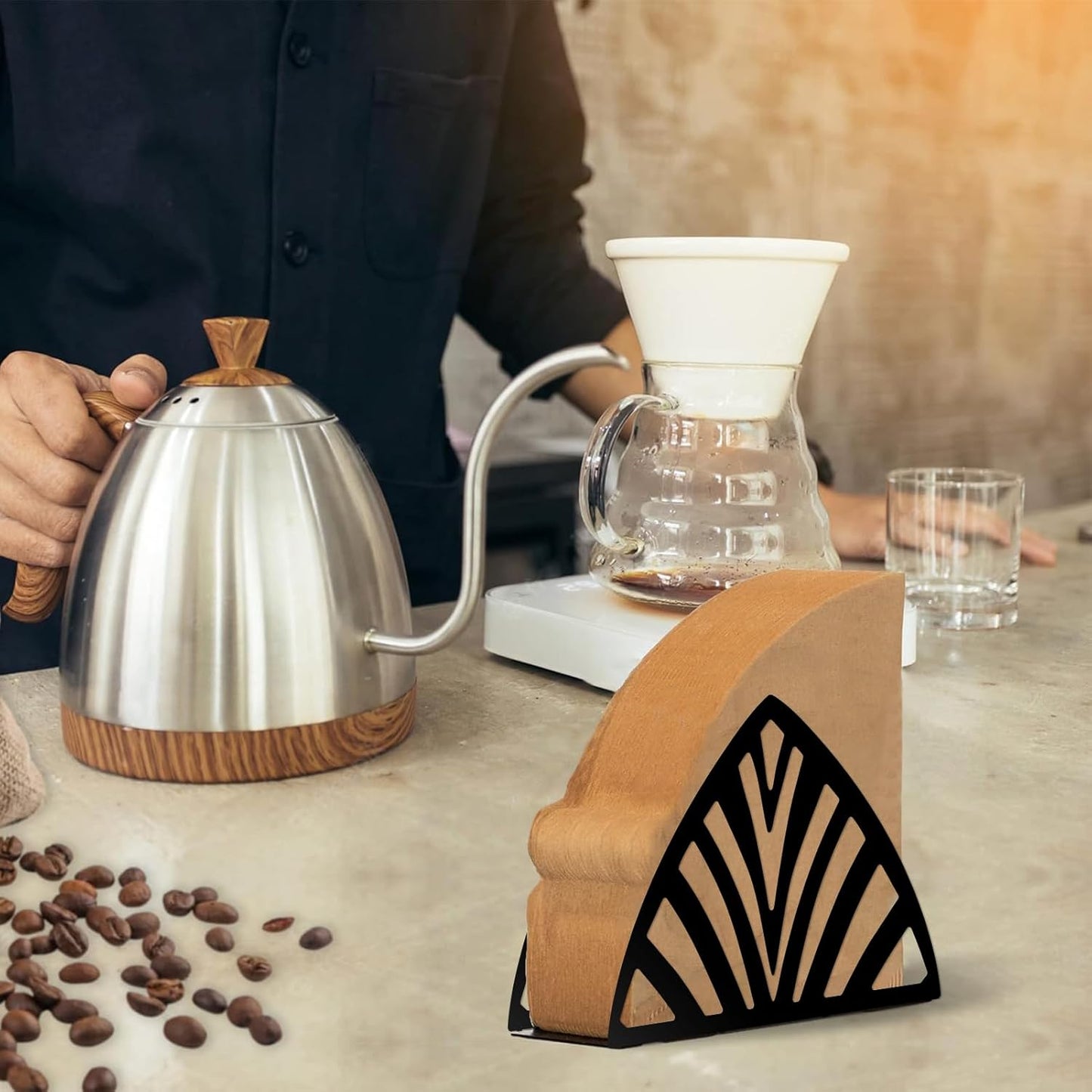 Resama Coffee Filter Paper Holder - Stylish Organizer with Leaf Texture for Kitchen, Cafe, and Office - Decorative Storage Container in Black - Perfect for Home, Dining Room, and Outdoor Use