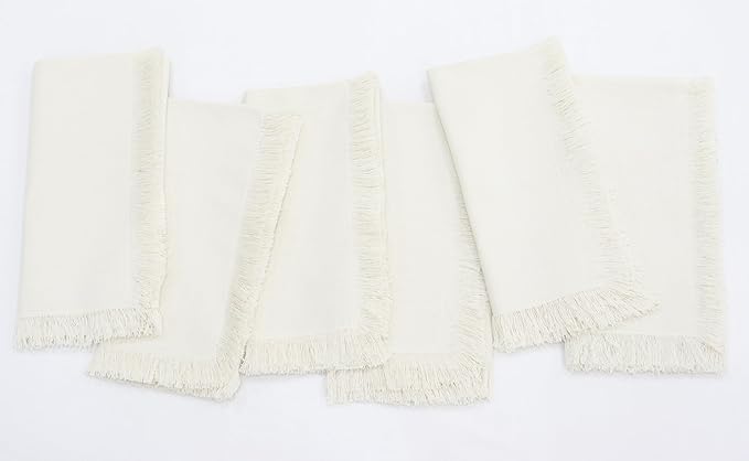 PurpleEssences Cloth Napkins with Fringes, 100% Cotton Christmas Holiday Winter Table Decor, Set of 6 18x18 Inch Reusable Dinner Napkins for Parties and Weddings - Beige