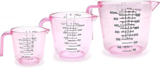 Plastic Measuring Cup Set, Kitchen Cooking and Baking Seasoning Liquid Measuring Cup, Multiple Scale Identification, with Handle and Triangle Mouth, 150ml, 300ml, 600ml, 3-piece Set (Pink)