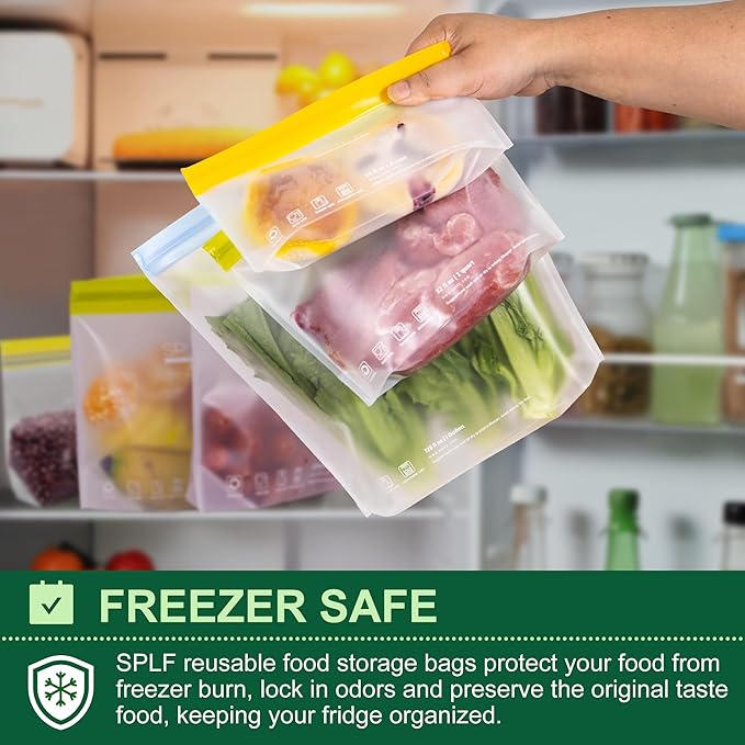 SPLF 6 Pack Stand-Up Reusable Gallon Freezer Bags Dishwasher Safe, Extra Thick 1 Gallon Leakproof Food Storage Bags, BPA and Silicone Free Freezer Bags for Meal Prep, Bread, Veggies, Home Organization