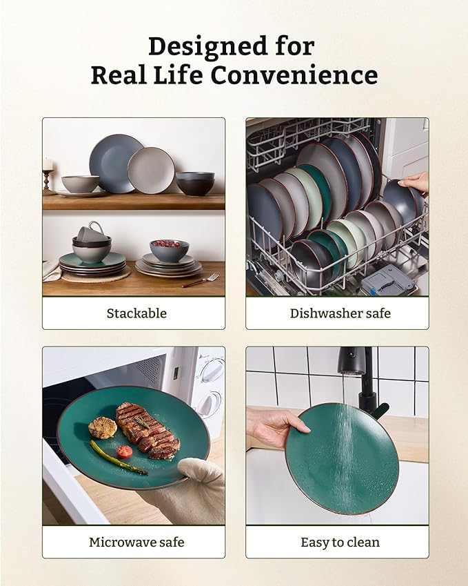 Famiware Venus Plates and Bowls Sets, 18 Pieces Stoneware Dinnerware Sets, Speckled Dishes Set for 6, Microwave and Dishwasher Safe, Matte Dark Green