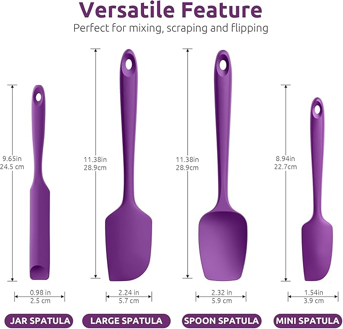 U-Taste 600ºF Heat Resistant Silicone Spatulas: Flexible Food-Grade Silicon Baking Scraper, Kitchen Cooking Mixing Utensils with Upgraded Sturdy Handle Tip for Nonstick Cookware (4-Pc., Purple)