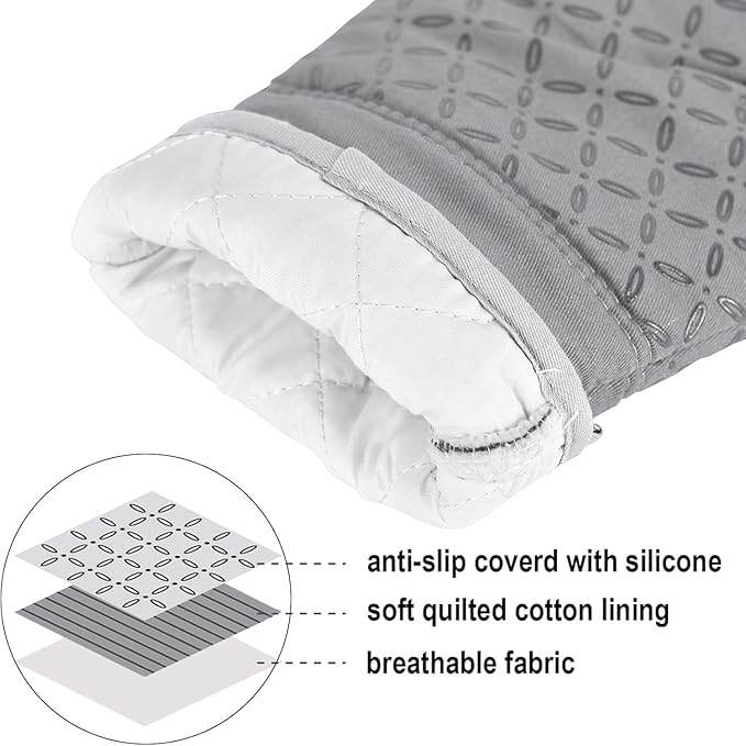 KEGOUU Oven Mitts and Pot Holders 6pcs Set, Kitchen Oven Glove High Heat Resistant 500 Degree Extra Long Oven Mitts and Potholder with Non-Slip Silicone Surface for Cooking (Light Gary)