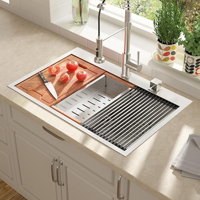 Lordear Kitchen Sink Drop In 28x22 Topmount 16 Gauge Stainless Steel Single Bowl Ledge Workstation Kitchen Sink Basin