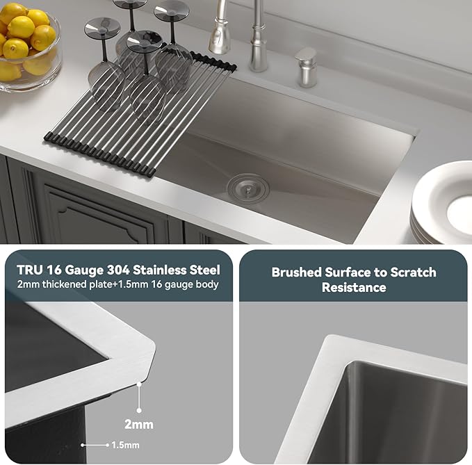 Lordear 33 Undermount Kitchen Sink 33x19x10 Inch Stainless Steel Single Bowl Kitchen Sinks Round Corner 16 Gauge Handmade Under Counter Sinks Basin