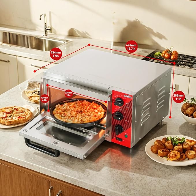CROSSON Electric 12” Pizza Oven Countertop with Pizza Stone, 30-minute Timer and interior light,Indoor Stainless Steel Pizza Maker for Home Use,120V/1600W
