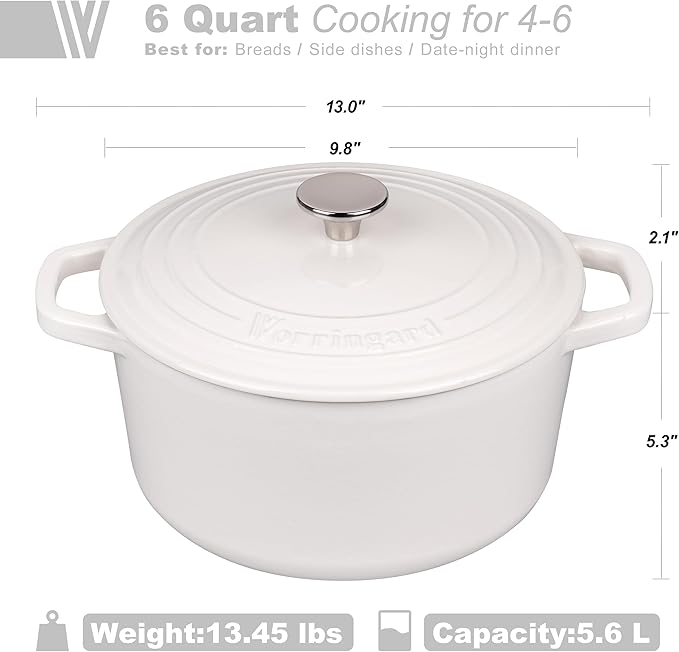 Enameled Cast Iron Dutch Oven Pot with Lid, for Bread Baking, Round Bread Oven- include Sourdough Bread Baking Supplies Set, 6QT, White