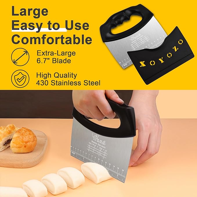 XoYoZo Bench Scraper Dough Cutter Salad Chopper with Cover and Large Stainless Steel Blade Vegetable Knife for Butter, Pizza, Cake, Onion