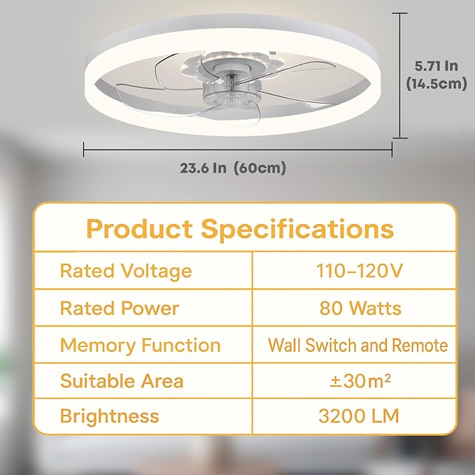 23.6'' Ceiling Fan with Light, Upgraded Low Profile Fan, Flush Mount Ceiling Fan, 6 Speeds, Dimmable LED, App & Remote Control, Quiet DC Motor, for Bedroom, Living Room, F115 White