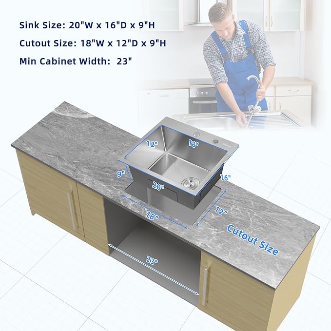 Kitchen Sink 20x16 Topmount Single Bowl Drop-in Sinks 304 Stainless Steel Handmade Home Bar Outdoor RV Sinks Brushed