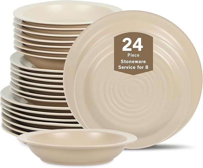 Stone Lain Orbit 24-Piece Dinnerware Set Stoneware, Plates and Bowls Set, Pasta Bowls, Microwave and Dishwasher Safe, Dish Set for 8, Beige