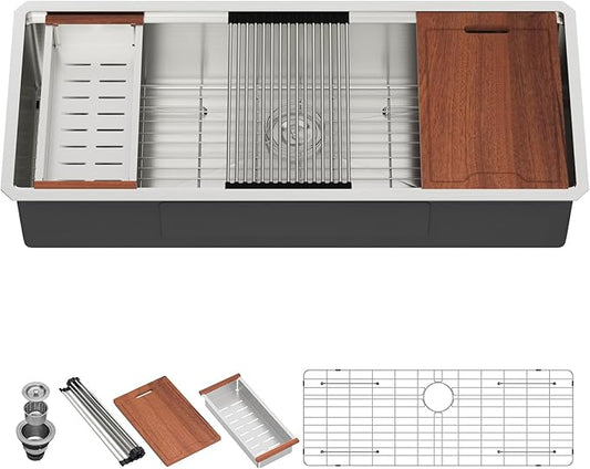 Lordear 45 Inch Undermount Kitchen Sink Ledge Workstation 16 Gauge Stainless Steel Single Bowl Under Counter Kitchen Sink with Built-in Accessories 45''x19''x10''