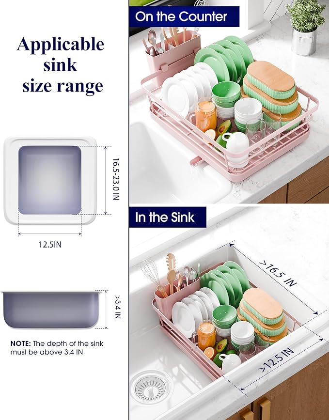 Kitsure Dish Drying Rack for Kitchen Counter, Stainless Steel Sink Organization and Storage Essentials with Cutlery Holder, Home and Appartment Decor, 12''W x 15.5''L, Pink