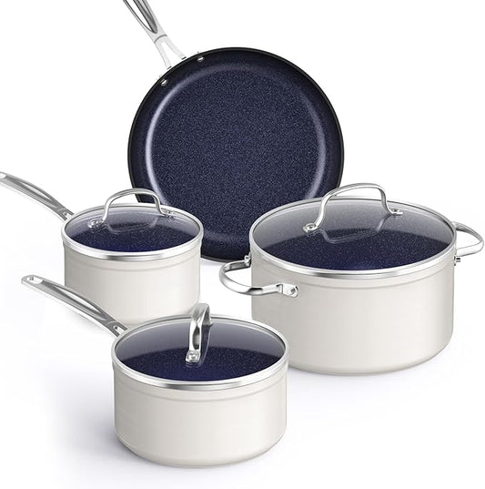 Nuwave Healthy Duralon Blue Ceramic Nonstick Coated 7pc Cookware Set, Scratch-Resistant Diamond Infused, PFAS Free, Induction Ready & Evenly Heats, Oven Safe, Tempered Glass Lids