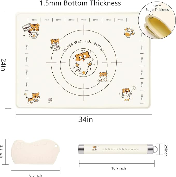 34x24 Inch Extra Thick Silicone Pastry Board, Silicone Baking Mat with Measurements, Non-slip Silicone Mat, Kneading Counter Mat, Non-Stick Dough Mat with Edge Heightening