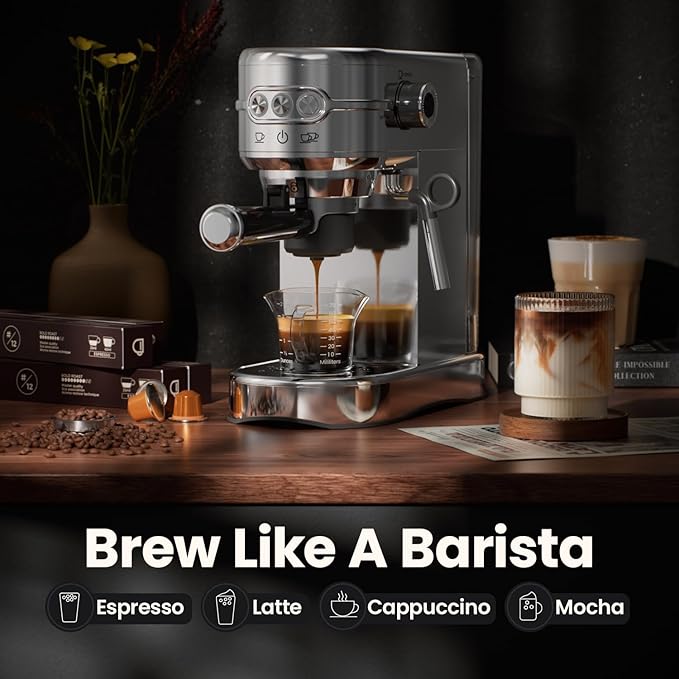 Espresso Machine - 20Bar Coffee Maker with Foaming Steam Wand: 1450W Compatible for Original Capsule & Ground, Single-Serve Espresso Maker with 35Oz Removable Water Tank for Latte, Kitchen