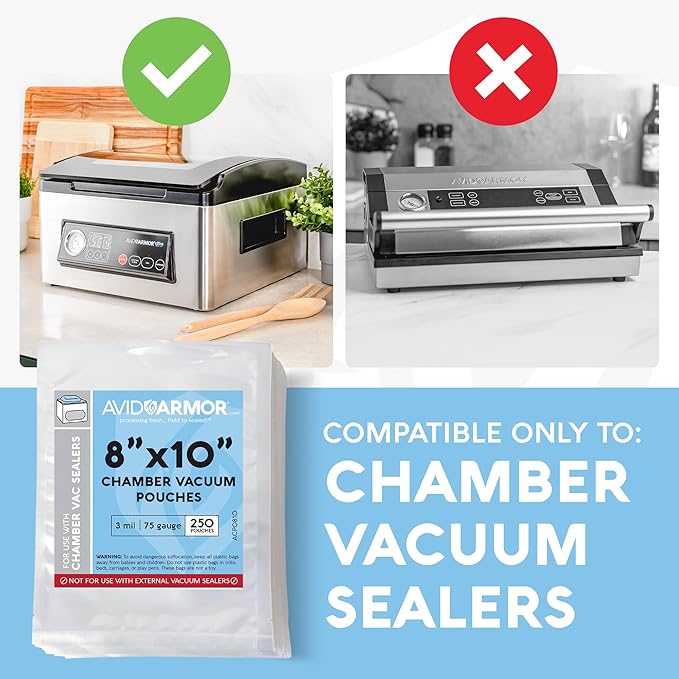 Avid Armor Chamber Vacuum Sealer Bags – Heavy Duty, BPA-Free, Pre-Cut Chamber Vacuum Bags for Food Preservation, Freezer Storage, Sous Vide and more, 250/Pack (8x10) – Multi-Use Vacuum Bags