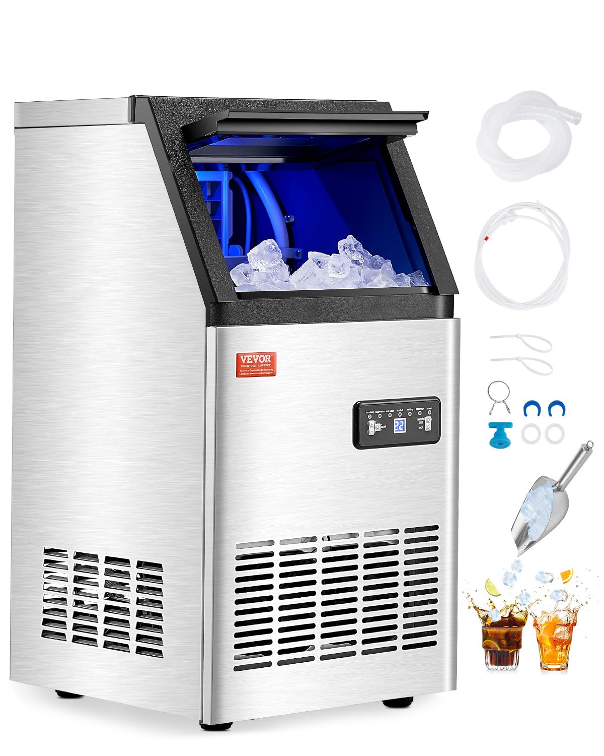 VEVOR Commercial Ice Maker Machine, 100lbs/24H Ice Maker Machine with 16lbs Storage Capacity, 36 Ice Cubes in 15 Minutes, LED Digital Display Freestanding Self-Cleaning for Bar Office Restaurant