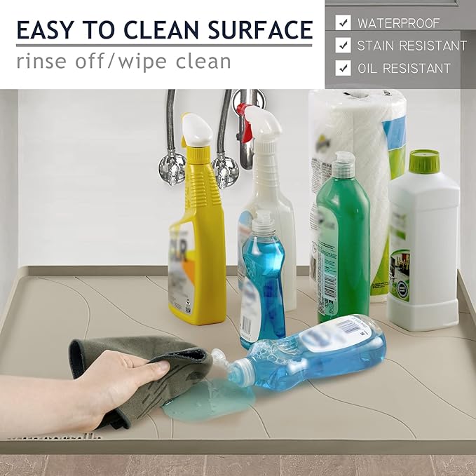 Heavy Duty Silicone Under Sink Mats for Kitchen Waterproof 40" x 19", Extra Thick Under Sink Rubber Mat Drip Tray, Raised Edge Under Sink Liner,Prevent Drips, Leaks, Spills,Brown
