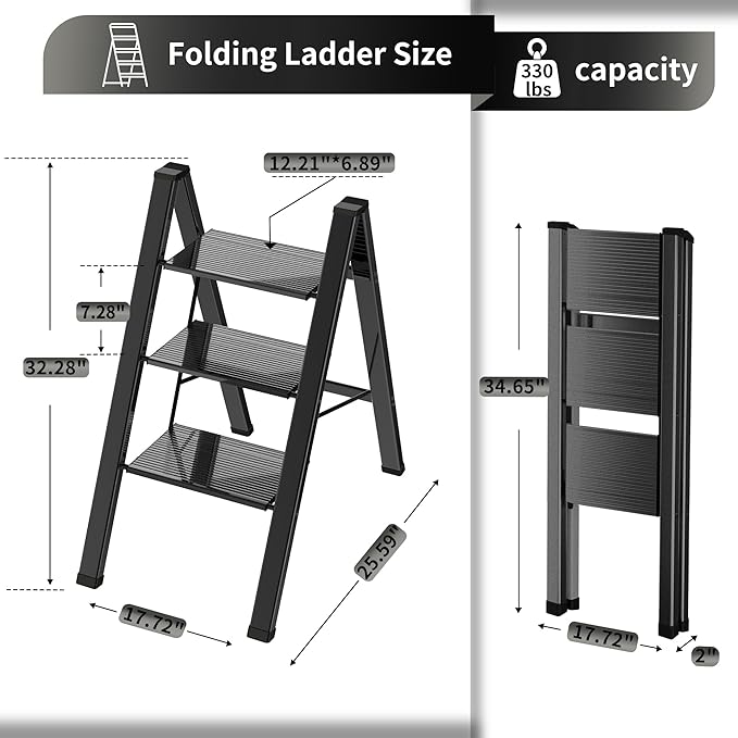 3 Step Ladder, Portable Step Ladder Folding, Lightweight Step Ladder with Anti-Slip Pedal, Aluminum Indoor and Closet, Kitchen, 330lbs - Black