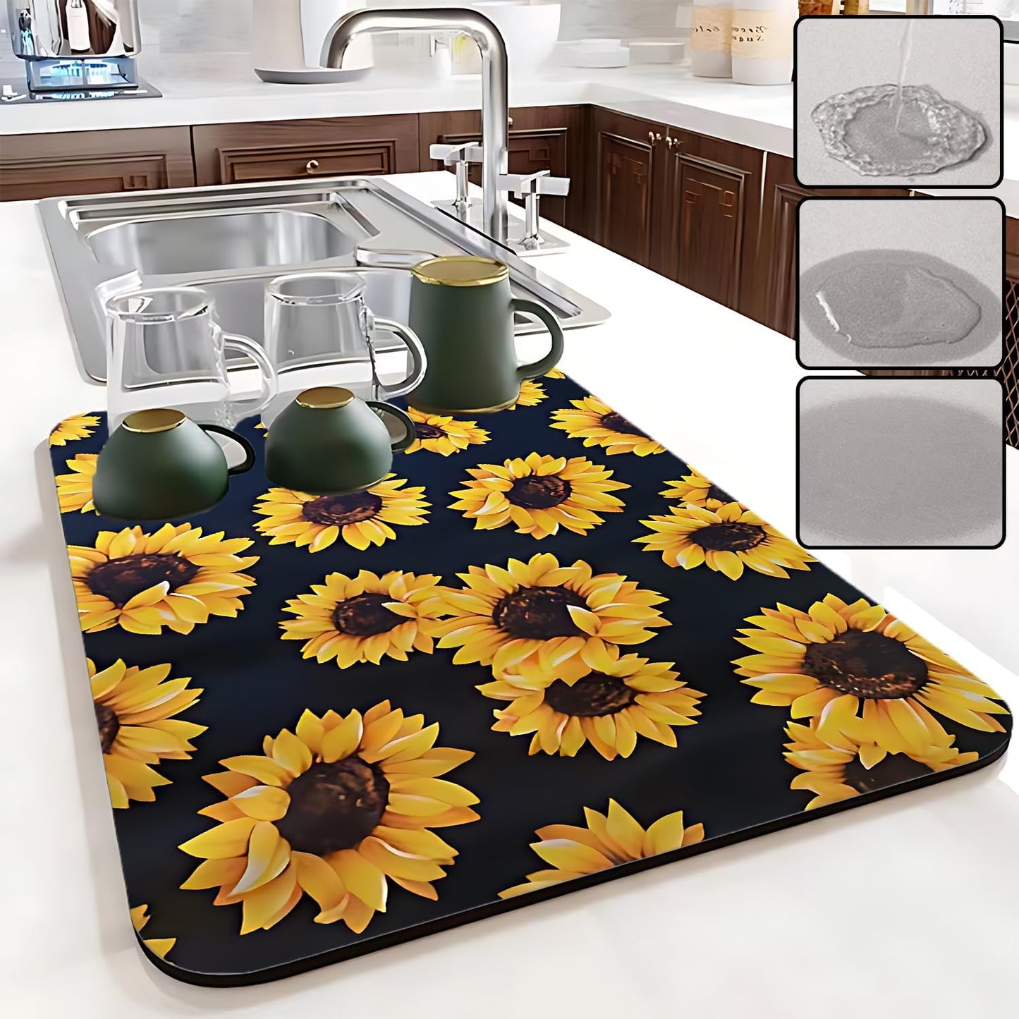 Dish Drying Mat Foldable Fall Kitchen Drying Mat Absorbent Sink Mat Multi-Purpose Coffee Pad Easy To Clean,Kitchen Gadgets,sunflower decor(sunflower) (16inches*18inches)
