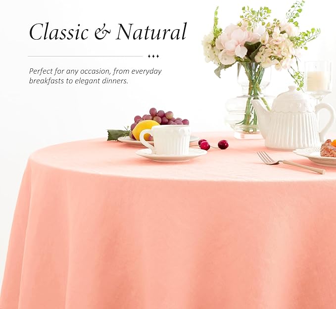 Linen World Linen Tablecloth,100% French Flax Round Tablecloth 60" Inch,Washable Natural Table Cloth for Dining,Outdoor,Weddings and Restaurants,Decorative Christmas,Peach Pink