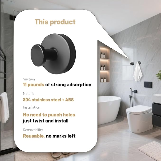 4 Pcs Suction Cup Hook for Shower，Removable Hooks，Towel Hooks，Suction Hooks for Bathroom, Bedroom, Glass Window (Black)