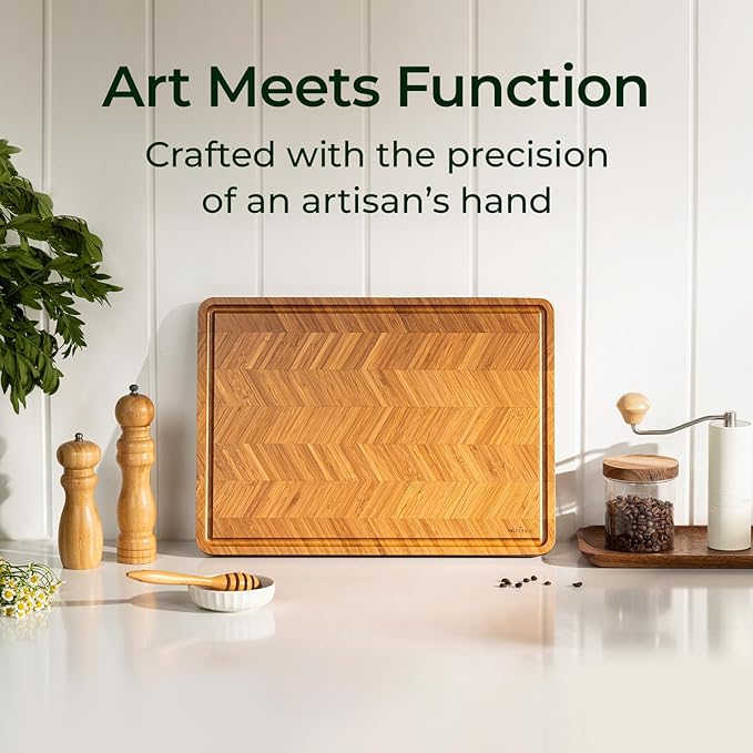 Atelier Collection Bamboo Cutting Board, Reversible Boards for Kitchen with Deep Juice Grooves and Handles, Large Wood Chopping Board for Cooking and Serving, Handcrafted Luxury Cutting Board