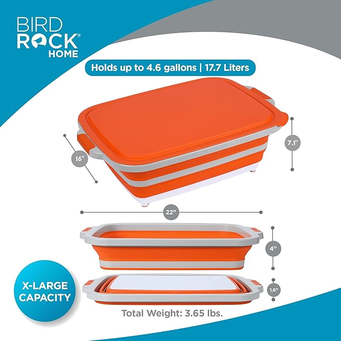 BIRDROCK HOME 2-pack Collapsible BBQ Prep Tub w/Cutting Board, Multi-Function Grill Caddy w/Colander & Lid, Portable Silicone Dish Bowl for Picnic, Tailgate, Camping (Orange, X-Large)