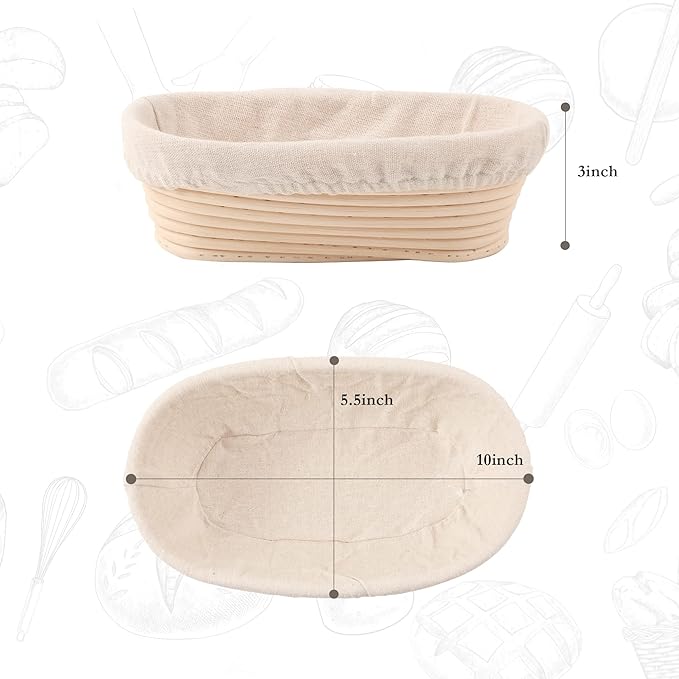 Joyyy Sourdough Bread Proofing Baskets with Liner, Dough Rising Ratten Bowl for Bread Making and Baking, Oval, 10 inch (Set of 2)