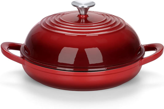 E-far Dutch Oven for Sourdough Bread Baking, 6 Qt Round Enameled Cast Iron Dutch Oven for Homemade Artisan Bread, Dome Lid & Shallow Base, Matte Black Interior & Durable, Oven-Safe to 500℉, Red