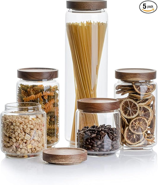 Kanwone Airtight Food Storage Containers with Bamboo lids set of 5, Stackable Food Storage Containers, Glass Canisters for Pantry, kitchen, Flour, Sugar, Tea, Coffee, Pasta, Cookies, Rice and Spice