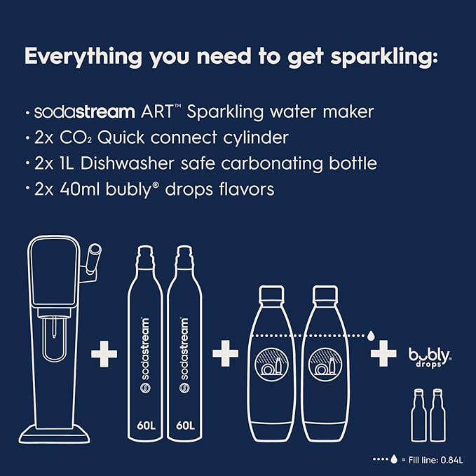 SodaStream - ART Sparkling Water Maker | VALUE BUNDLE | CQC CO2 system | Includes 2x CO2 Cylinders, 2x 32 Fl Oz Dishwasher Safe Bottles, 2x Bubly Flavor Drops | Combine with Pepsi Flavors | Black