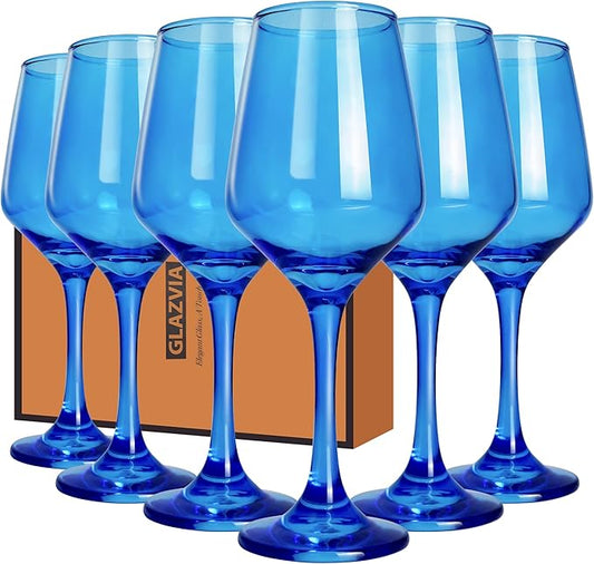 Blue Wine Glasses Set of 6-14oz Blue Long Stem Wine Glass, Pretty Crystal Glassware, Hand Blown Goblets Drinkware, Unique Stemware Wine Glass Holiday Gift Set