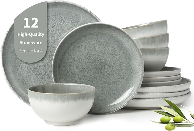 Gradient Green Stoneware Dinnerware Sets, 12 pcs Reactive Glaze Plates and Bowls Sets, Handmade Ceramic Round Dishes Set for 4, Highly Chip and Crack Resistant Modern Plate Set