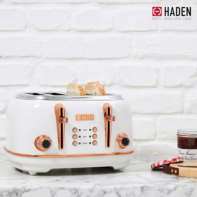 Haden Heritage 4 Slice Wide Slot Stainless Steel Toaster with Adjustable Browning Control & Non-Slip Feet, Ivory & Copper