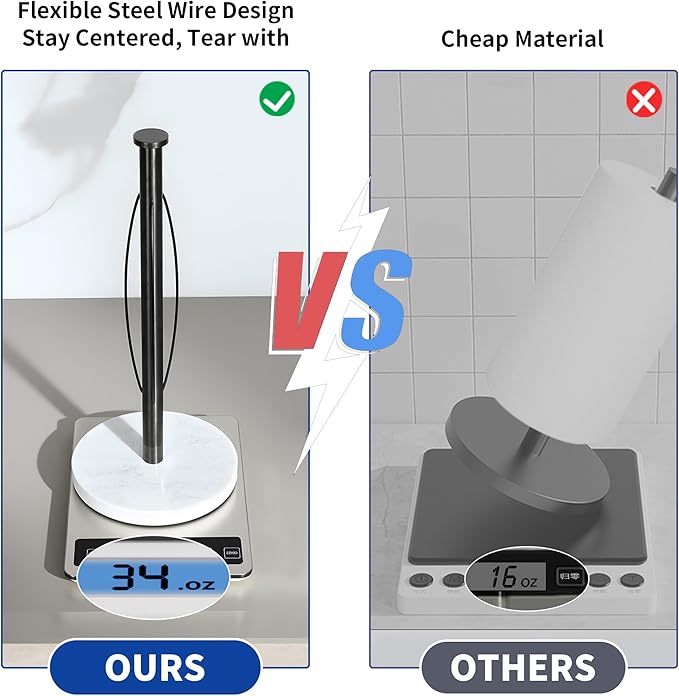 YIGII Heavy Marble Base Paper Towel Holder – Countertop Paper Roll Holder for Kitchen or Bathroom, Non-Slip Weighted Design, Fits Standard Paper Towels, White Marble & Gunmetal Black