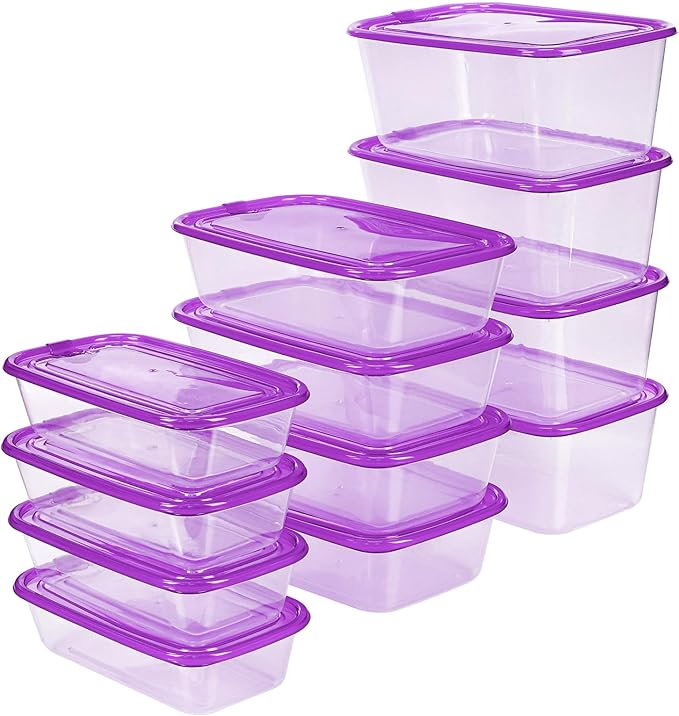 KIGI 【12 PACK】 Mixed Sizes Plastic Food Storage Containers Set with Lids Airtight Square Meal Prep Containers,Home Kitchen Pantry Containers (Transparent Purple, 20.3oz*4+44oz*4+67.6oz*4-12 Pack)