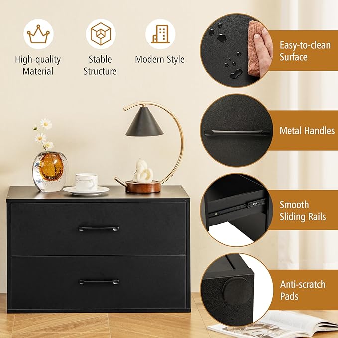 Giantex Stackable Drawers for Closet, 2-Drawer Short Dresser, Multi-Purpose Storage Cube with Anti-Scratch Pads, Anti-Tipping Devices, Storage Cabinet for Living Room, Entryway, Home Office (2, Black)