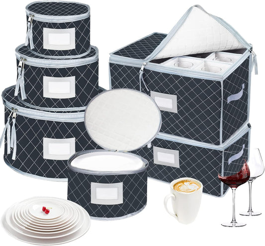 VERONLY China Dinnerware Storage Containers Set- Dish,Mug,Stemware Storage Cases - Quilted Box Bins Stackable with Divider,handles,Clear Window for Cups,Plates,Wine Glasses Moving Set of 6 (Grey
