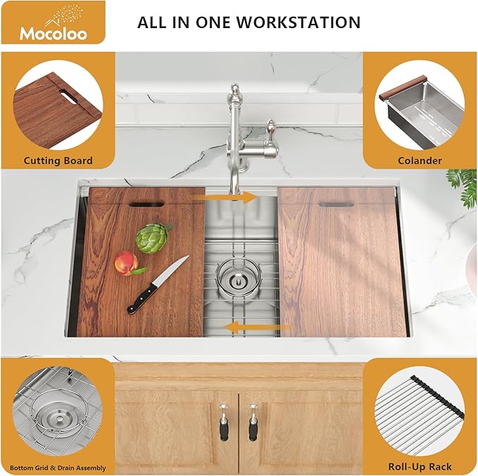 33 Undermount Kitchen Sink - Mocoloo 33 x 19 Undermount Sink Workstation Stainless Steel Kitchen Sinks 16 Gauge Single Bowl Handmade,10'' Deep Basin
