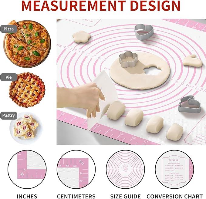 Non-stick Pastry Mat Extra Large with Measurements, Silicone Baking Mat, Kitchen Counter Mat, Dough Rolling Mat, Oven Liner, Fondant Mat, Pie Crust Mat Silicone Bread Mat